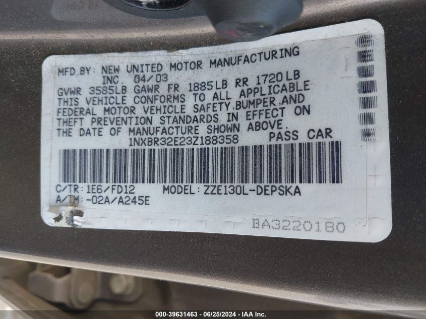 2003 Toyota Corolla Ce/Le/S VIN: 1NXBR32E23Z188358 Lot: 39631463