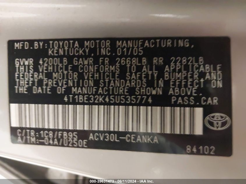 2005 Toyota Camry Le VIN: 4T1BE32K45U535774 Lot: 39631473