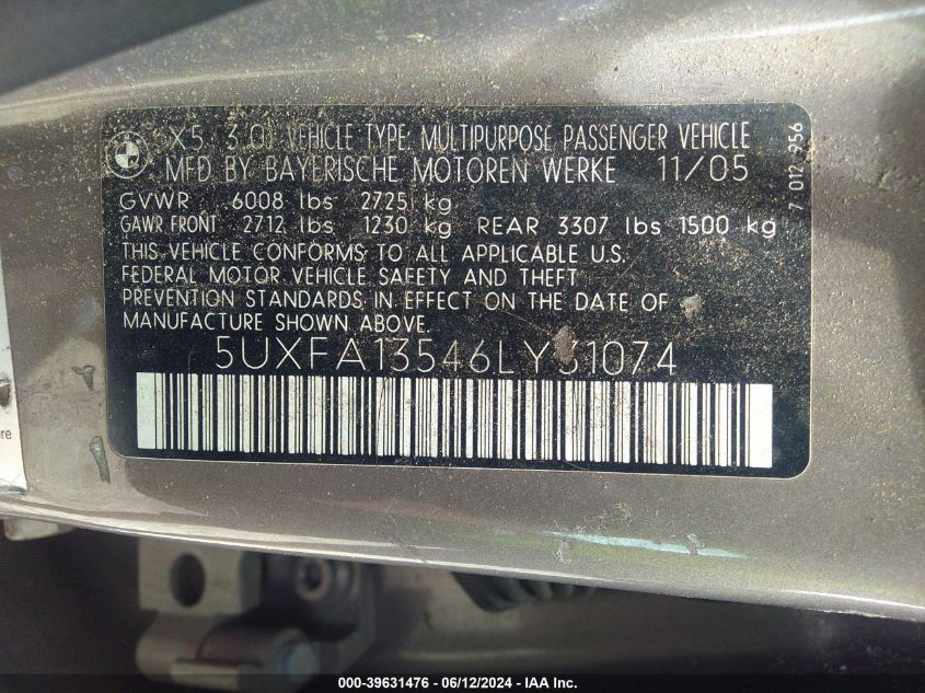 2006 BMW X5 3.0I VIN: 5UXFA13546LY31074 Lot: 39631476