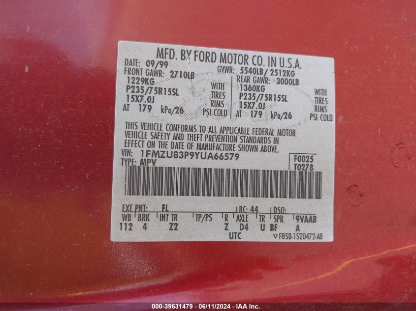 1997 Ford Explorer Eddie Bauer/Limited/Xl/Xlt VIN: 1FMDU32X8VUC46033 Lot: 39631479