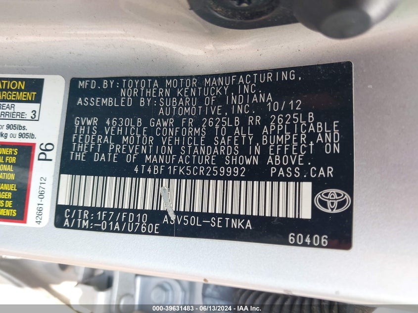 2012 Toyota Camry Le VIN: 4T4BF1FK5CR259992 Lot: 39631483