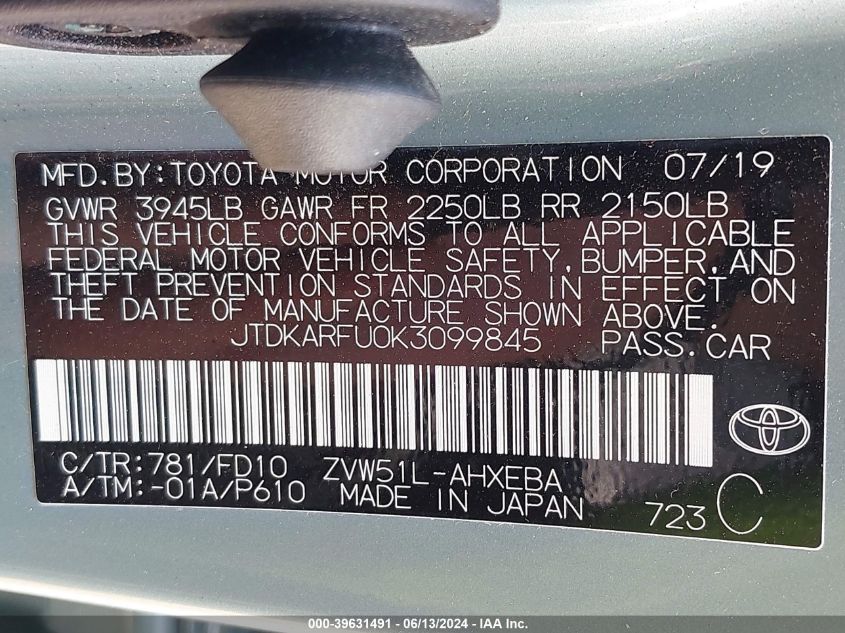 2019 Toyota Prius Le VIN: JTDKARFU0K3099845 Lot: 39631491