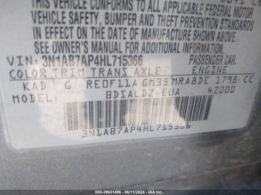 2017 Nissan Sentra Sv VIN: 3N1AB7AP4HL715366 Lot: 39631496