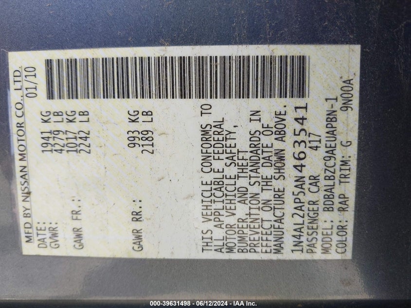 2010 Nissan Altima 2.5 S VIN: 1N4AL2AP5AN463541 Lot: 39631498