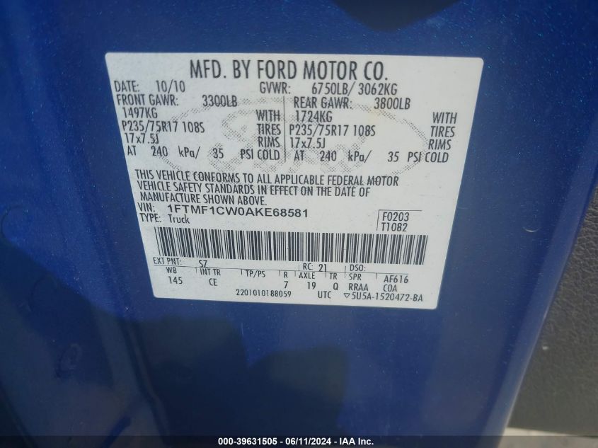 2010 Ford F-150 Stx/Xl/Xlt VIN: 1FTMF1CW0AKE68581 Lot: 39631505