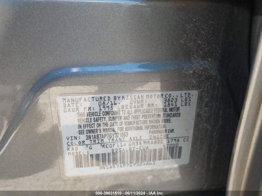 2016 Nissan Sentra S VIN: 3N1AB7AP7GY321863 Lot: 39631510