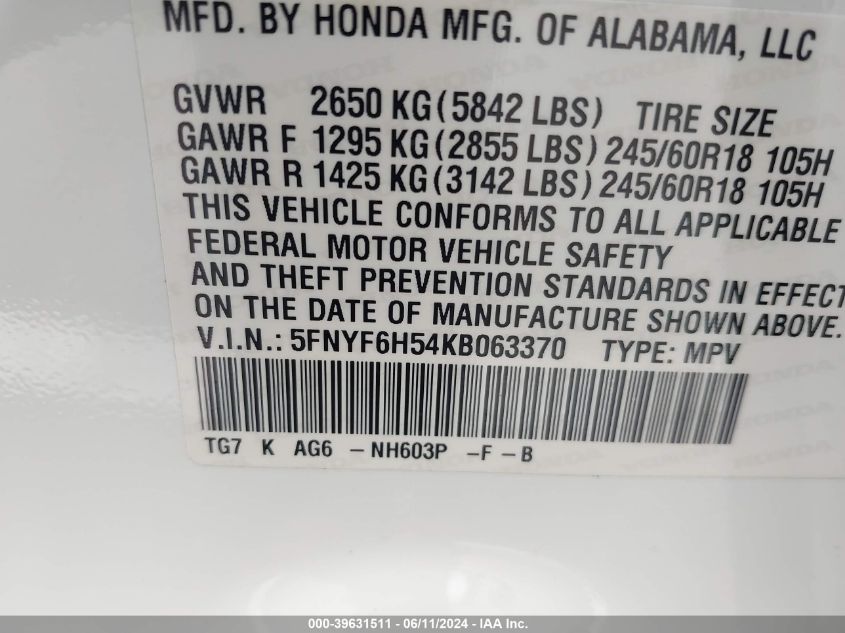 2019 Honda Pilot Ex-L VIN: 5FNYF6H54KB063370 Lot: 39631511