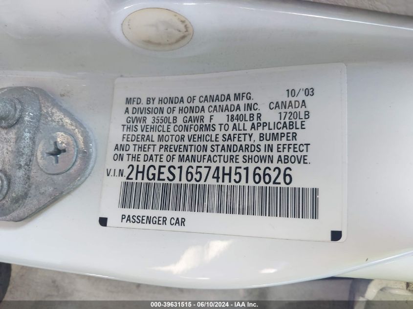 2004 Honda Civic Lx VIN: 2HGES16574H516626 Lot: 39631515