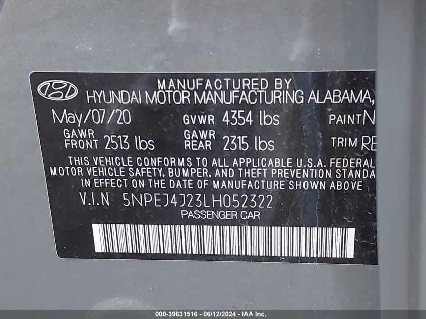 2020 Hyundai Sonata Sel Plus VIN: 5NPEJ4J23LH052322 Lot: 39631516