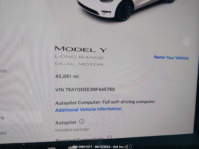 2022 Tesla Model Y Long Range Dual Motor All-Wheel Drive VIN: 7SAYGDEE3NF445760 Lot: 39631517