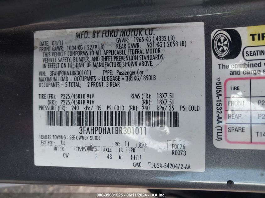 2011 Ford Fusion Se VIN: 3FAHP0HA1BR301011 Lot: 39631525