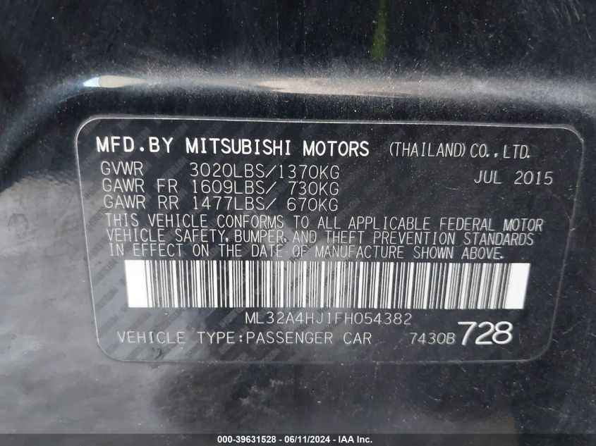 ML32A4HJ1FH054382 2015 Mitsubishi Mirage Es