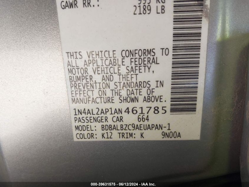 2010 Nissan Altima 2.5 S VIN: 1N4AL2AP1AN461785 Lot: 39631575