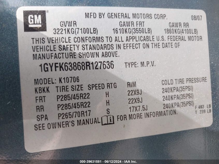 2008 Cadillac Escalade Standard VIN: 1GYFK63868R127636 Lot: 39631581