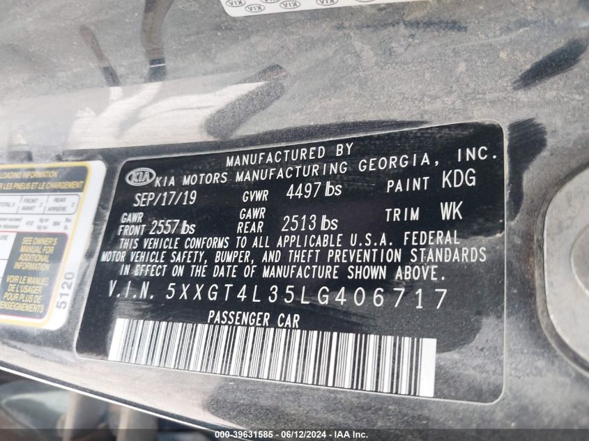 2020 Kia Optima Lx VIN: 5XXGT4L35LG406717 Lot: 39631585