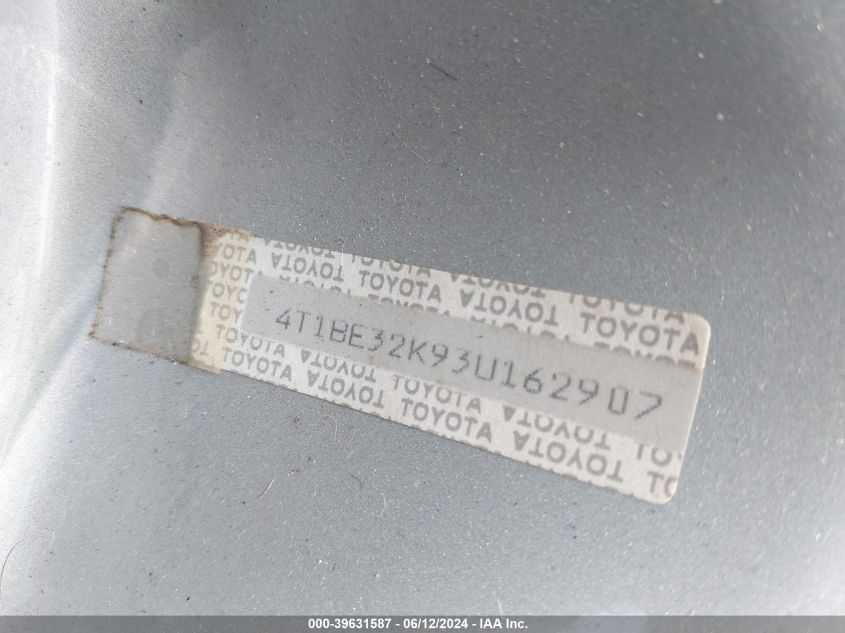 2003 Toyota Camry Le VIN: 4T1BE32K93U162907 Lot: 39631587