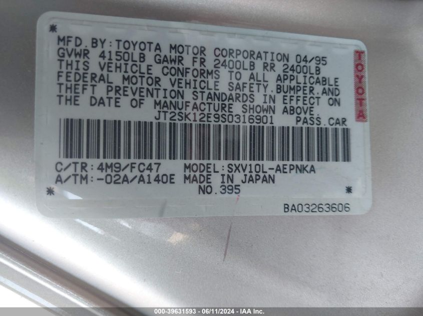 1995 Toyota Camry Le VIN: JT2SK12E9S0316901 Lot: 39631593