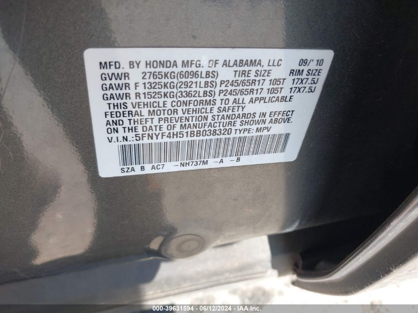 2011 Honda Pilot Ex-L VIN: 5FNYF4H51BB038320 Lot: 39631594