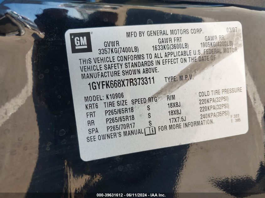 2007 Cadillac Escalade Esv Standard VIN: 1GYFK668X7R373311 Lot: 39631612