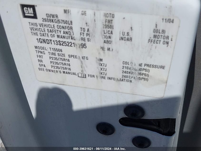 2005 Chevrolet Trailblazer Ls VIN: 1GNDT13S252215295 Lot: 39631621