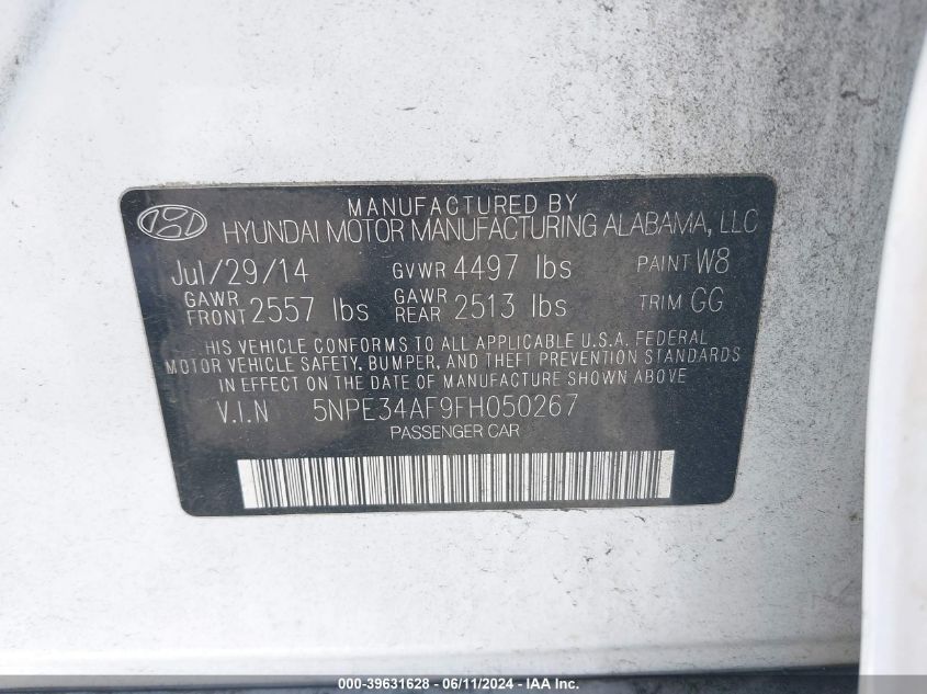 2015 Hyundai Sonata Sport VIN: 5NPE34AF9FH050267 Lot: 39631628