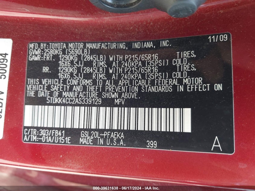 2010 Toyota Sienna Ce VIN: 5TDKK4CC2AS339129 Lot: 39631638