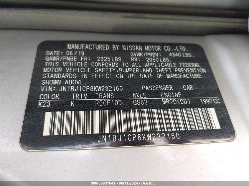 2019 Nissan Rogue Sport Sl VIN: JN1BJ1CP8KW232160 Lot: 39631641