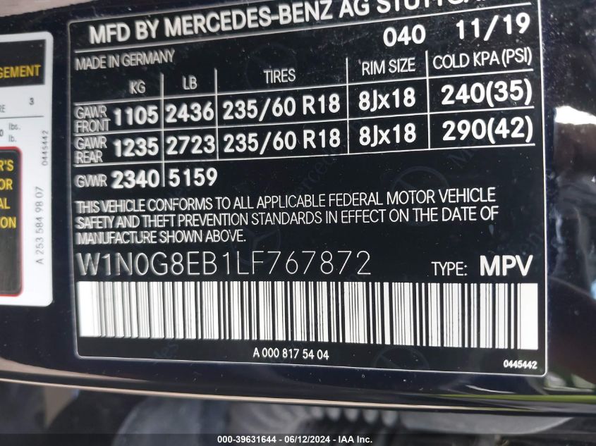 2020 Mercedes-Benz Glc 300 4Matic VIN: W1N0G8EB1LF767872 Lot: 39631644
