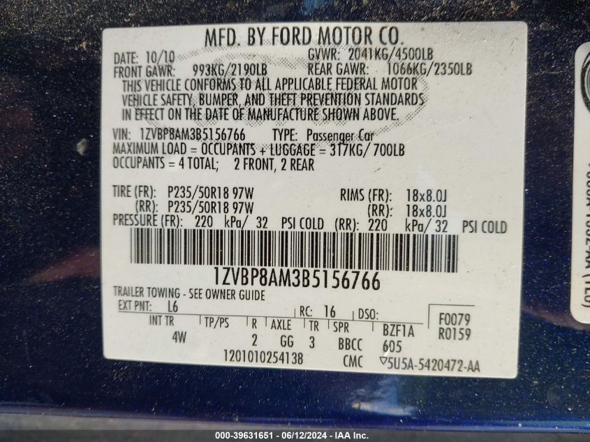 2011 Ford Mustang V6 Premium VIN: 1ZVBP8AM3B5156766 Lot: 39631651