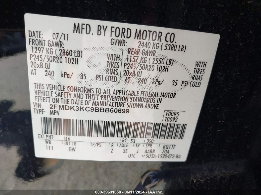 2011 Ford Edge Limited VIN: 2FMDK3KC9BBB60699 Lot: 39631658