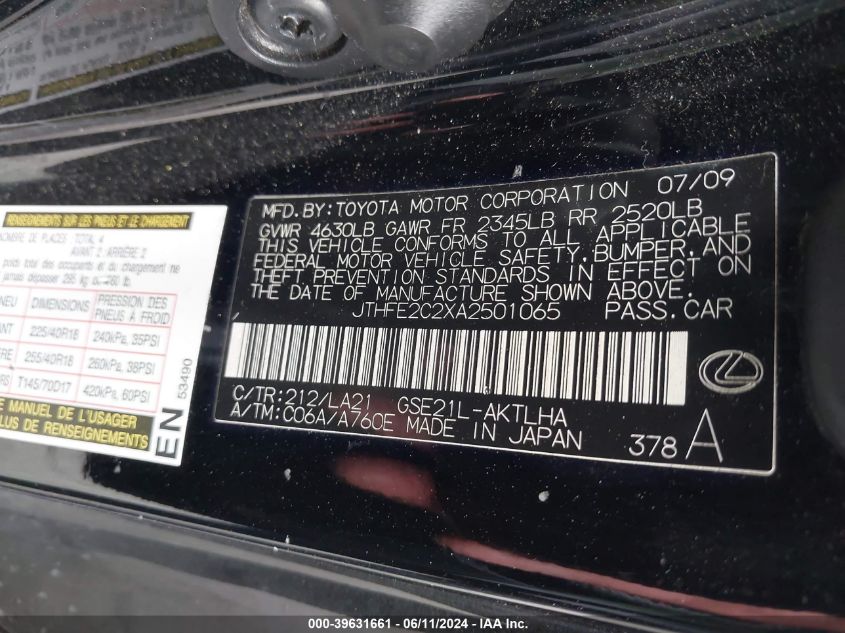 2010 Lexus Is 350C VIN: JTHFE2C2XA2501065 Lot: 39631661