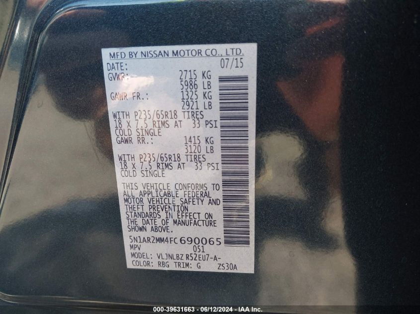 2015 Nissan Pathfinder S VIN: 5N1AR2MM4FC690065 Lot: 39631663