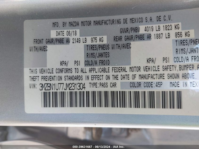 2018 Mazda Mazda3 Sport VIN: 3MZBN1U77JM231304 Lot: 39631667