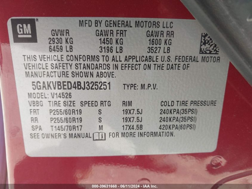 2011 Buick Enclave 1Xl VIN: 5GAKVBED4BJ325251 Lot: 39631668