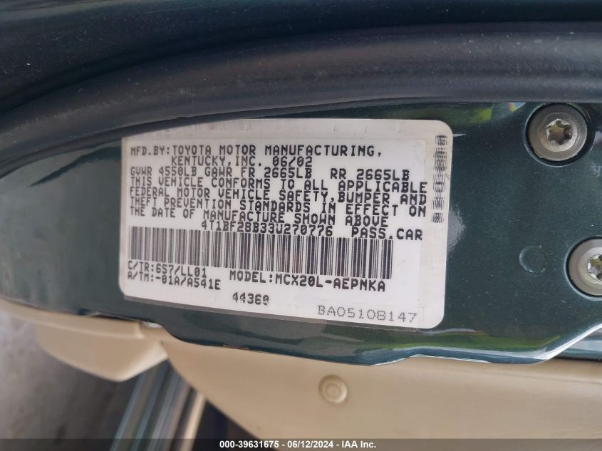 2003 Toyota Avalon Xl VIN: 4T1BF28B33U270776 Lot: 39631675