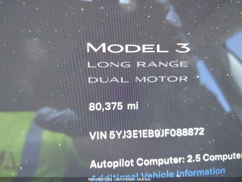 2018 Tesla Model 3 Long Range/Performance VIN: 5YJ3E1EB9JF088872 Lot: 39631682