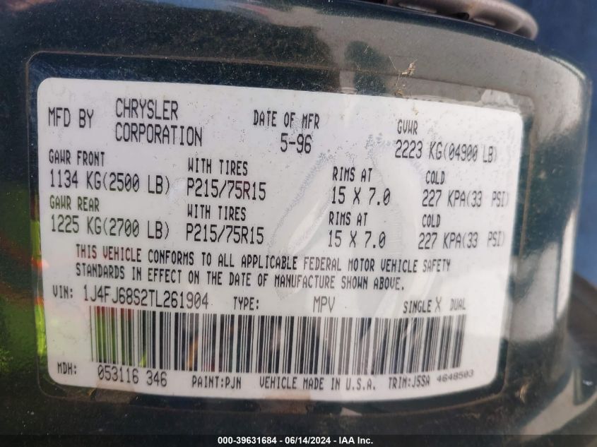 1996 Jeep Cherokee Sport/Classic VIN: 1J4FJ68S2TL261904 Lot: 39631684