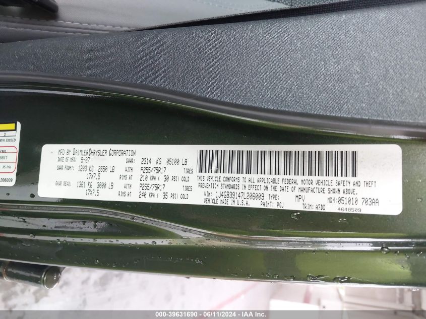 2007 Jeep Wrangler Unlimited X VIN: 1J4GB39147L206009 Lot: 39631690