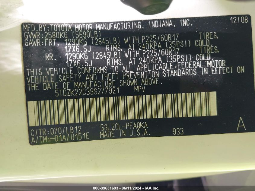 2009 Toyota Sienna Xle VIN: 5TDZK22C39S277921 Lot: 39631693