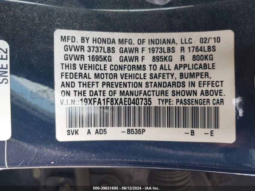 2010 Honda Civic Ex VIN: 19XFA1F8XAE040735 Lot: 39631695