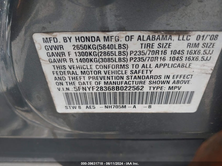 2008 Honda Pilot Se VIN: 5FNYF28368B022562 Lot: 39631718