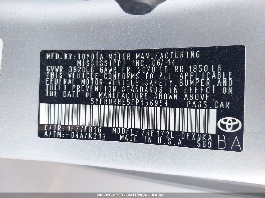 2014 Toyota Corolla L/Le/Le Plus/Le Premium/S/S Plus/S Premium VIN: 5YFBURHE5EP156954 Lot: 39631720