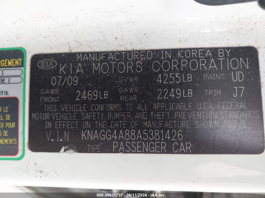 2010 Kia Optima Lx VIN: KNAGG4A88A5381426 Lot: 39631737