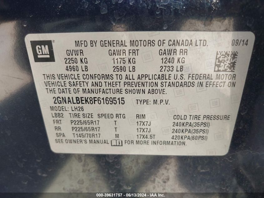 2015 Chevrolet Equinox 1Lt VIN: 2GNALBEK8F6169515 Lot: 39631757