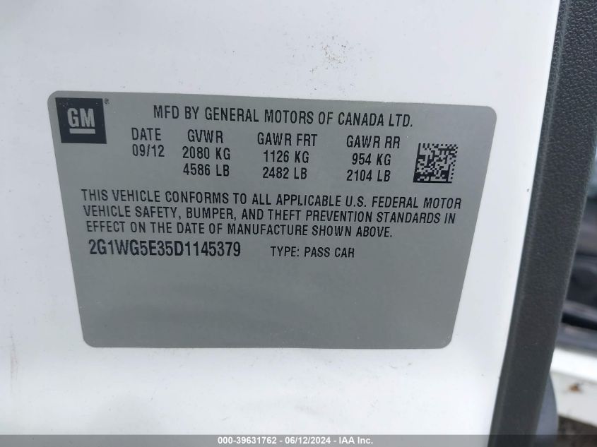 2013 Chevrolet Impala Lt VIN: 2G1WG5E35D1145379 Lot: 39631762