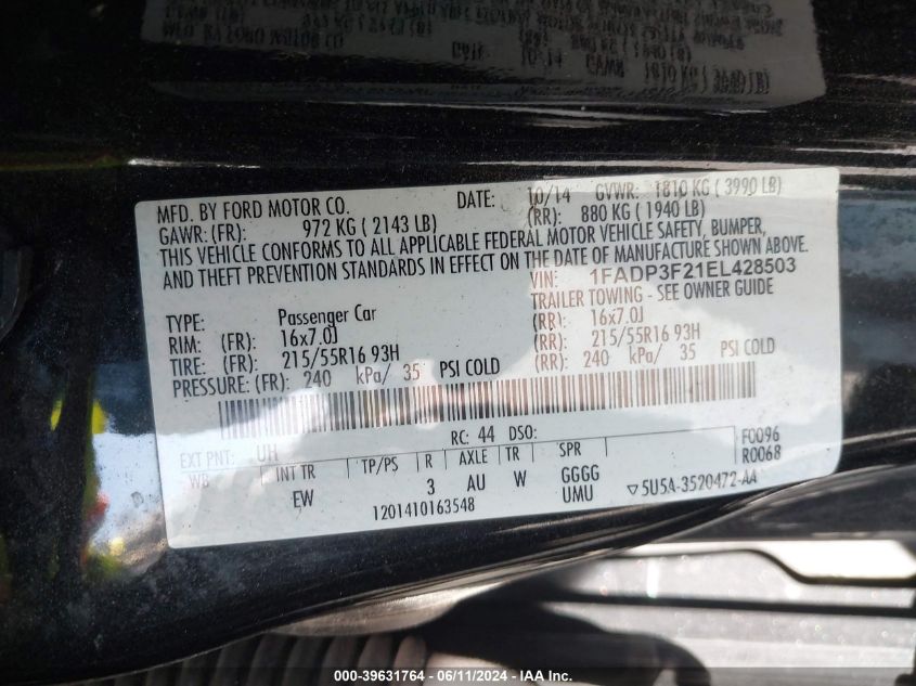 1FADP3F21EL428503 2014 Ford Focus Se