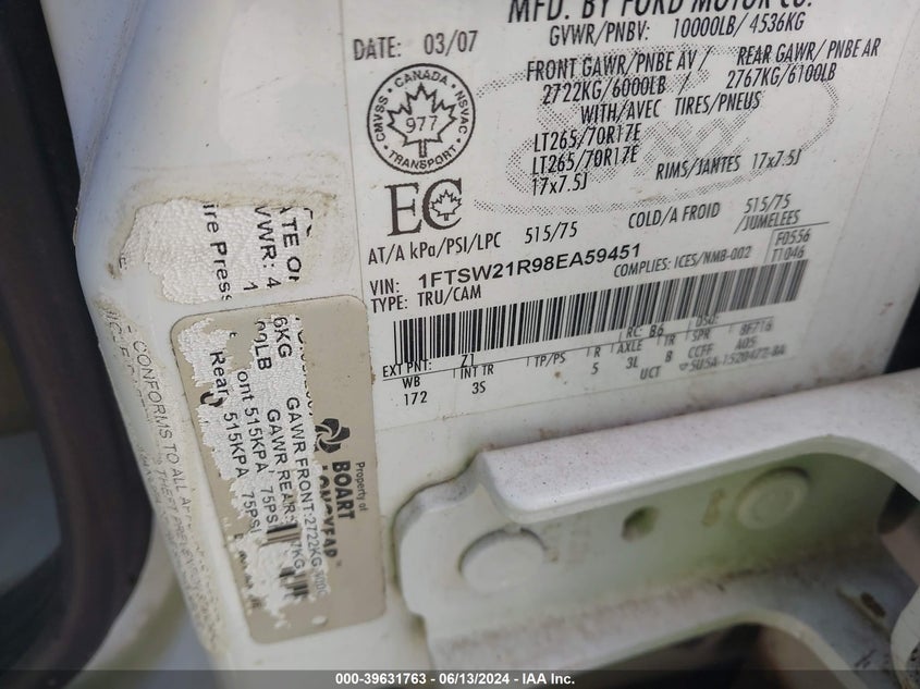 2008 Ford F-250 Fx4/Harley-Davidson/King Ranch/Lariat/Xl/Xlt VIN: 1FTSW21R98EA59451 Lot: 39631763