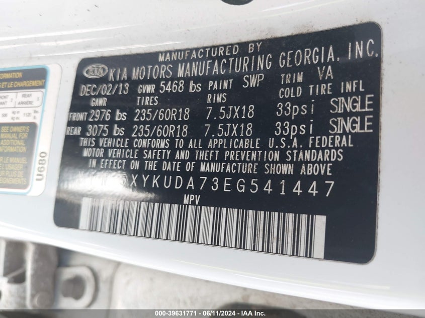 2014 Kia Sorento Ex V6 VIN: 5XYKUDA73EG541447 Lot: 39631771