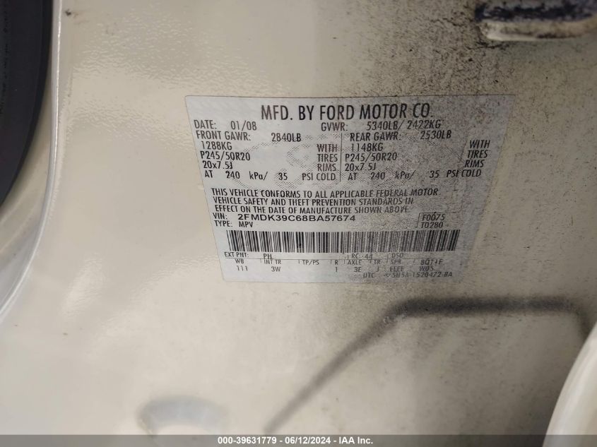 2008 Ford Edge Limited VIN: 2FMDK39C68BA57674 Lot: 39631779