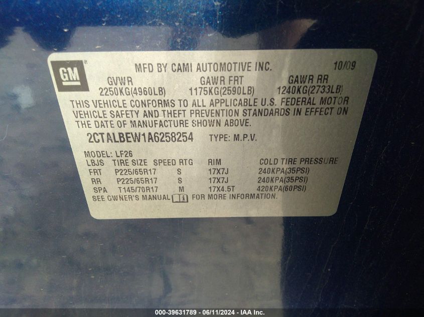 2010 GMC Terrain Sle-1 VIN: 2CTALBEW1A6258254 Lot: 39631789